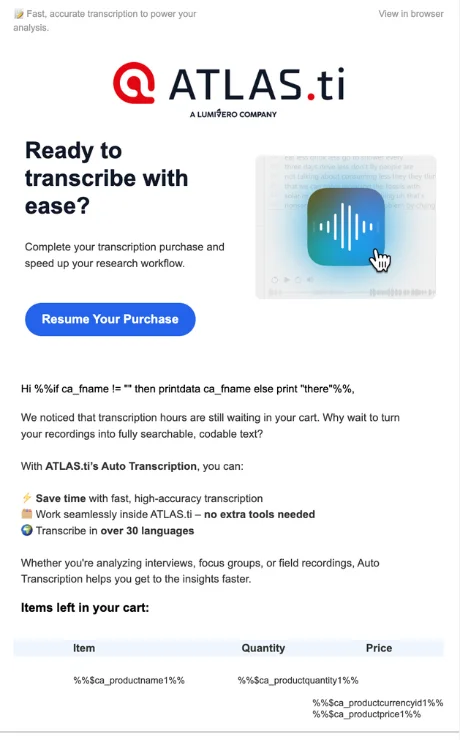 Email for cart abandonment reminder