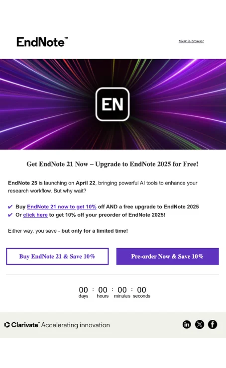 Email for EndNote 2025 pre-order campaign