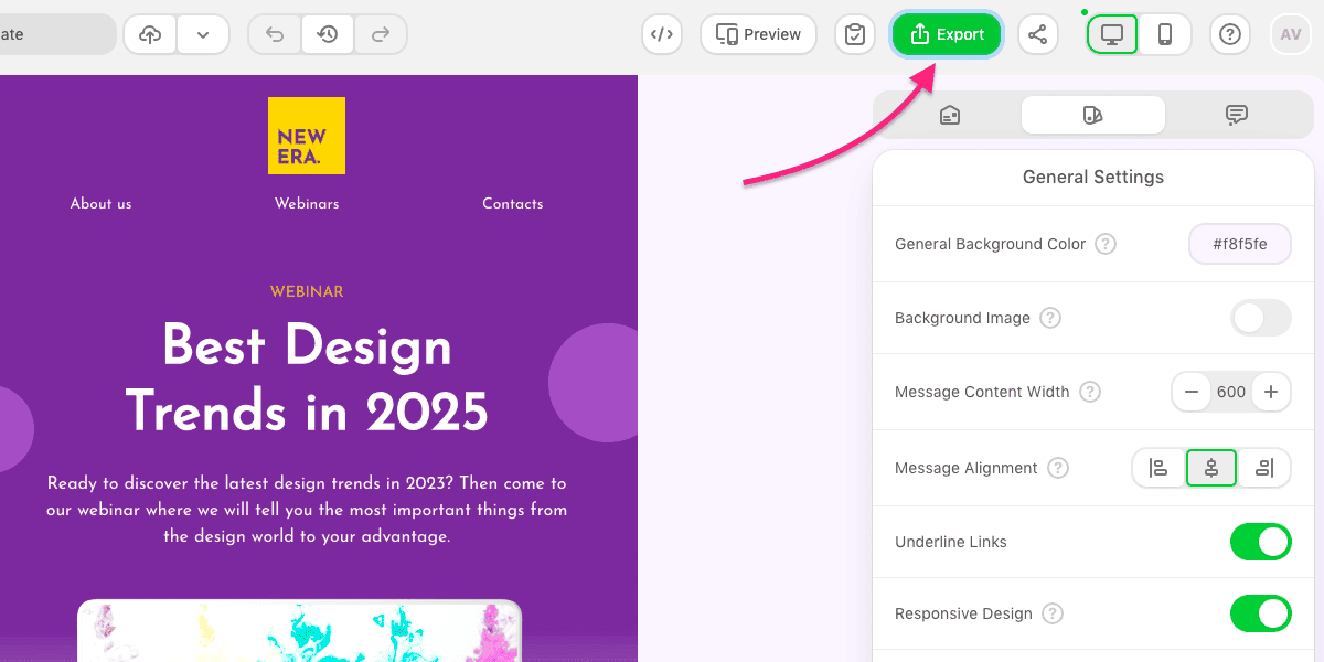 Clicking the Export button at the top of the editing area in Stripo