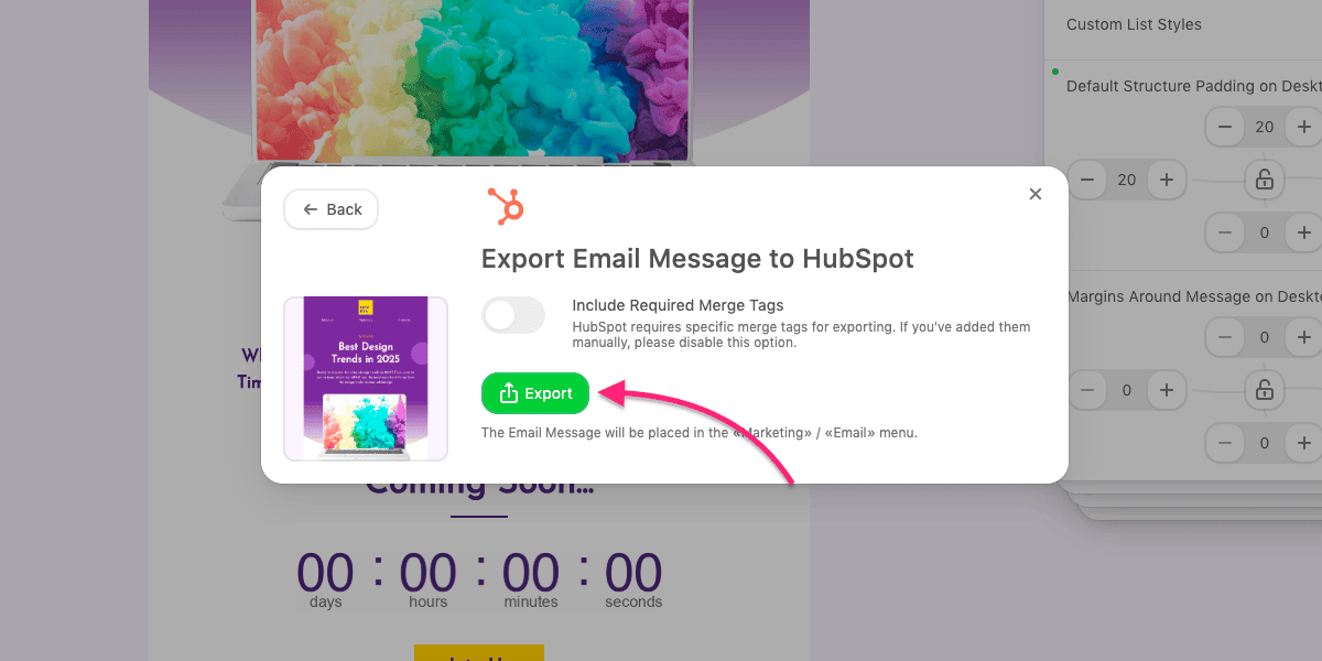 Exporting email message to HubSpot