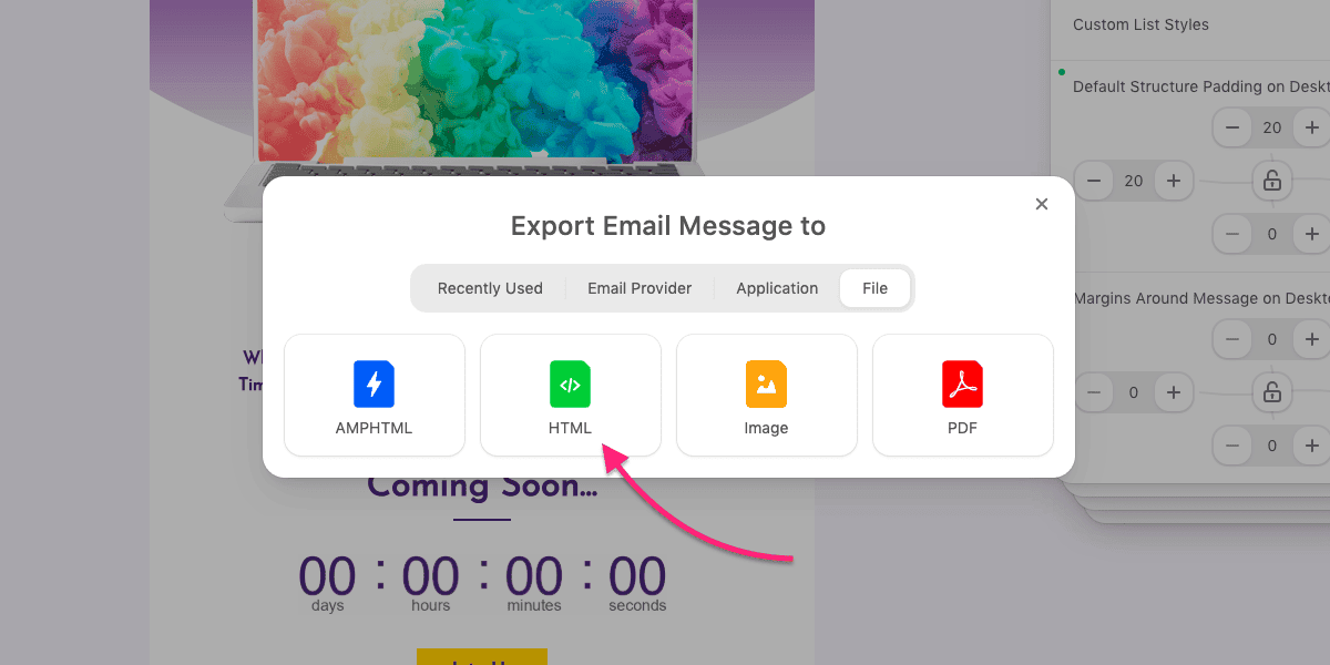 Selecting export as HTML file