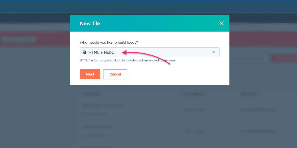 Choosing HTML + HubL as the file type in HubSpot