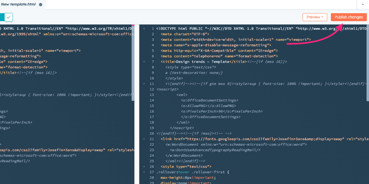 Pasting the HTML code into the HubSpot email template