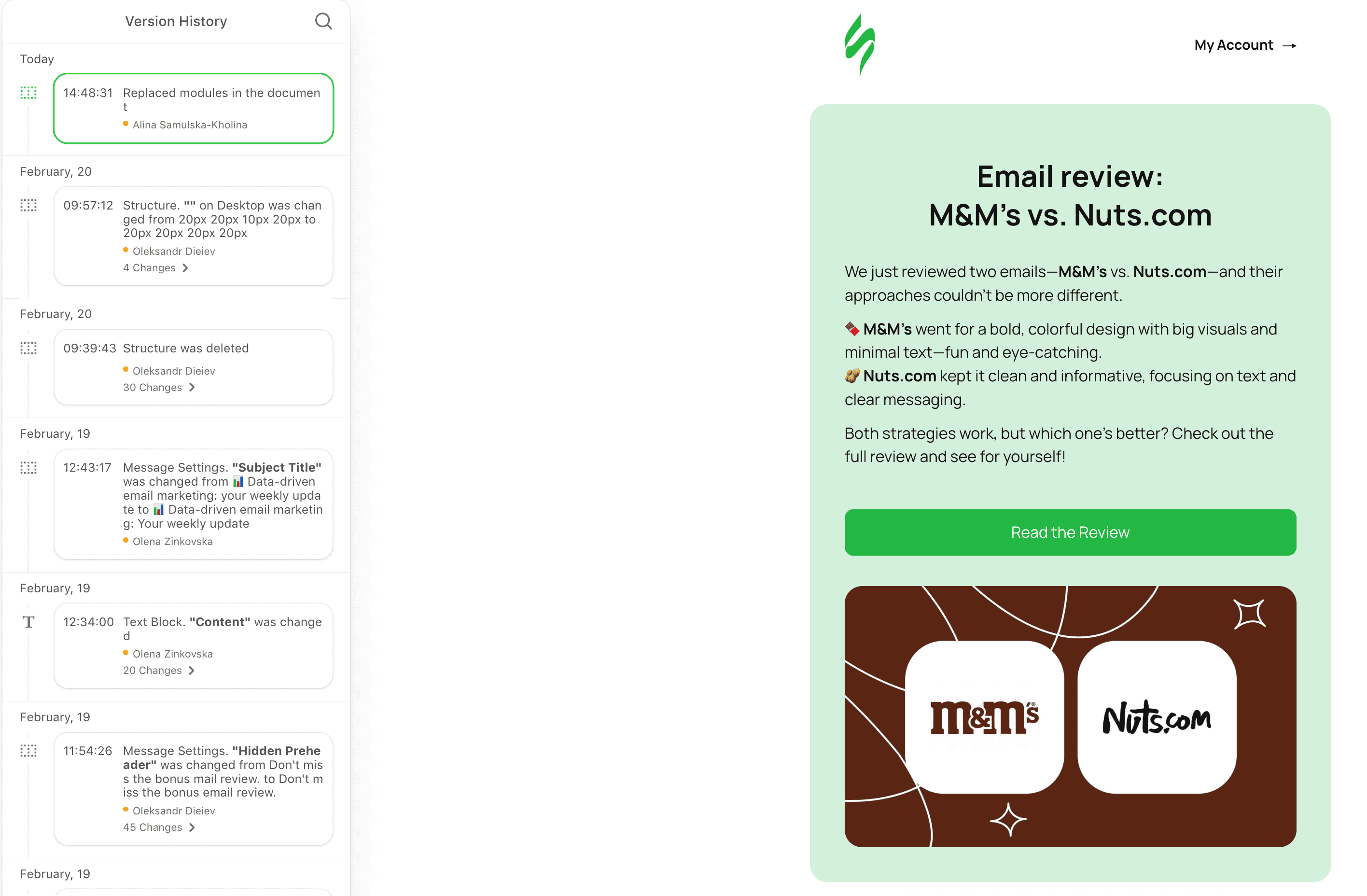 Example of using Version History in the Stripo editor Example of using Version History in the Stripo editor