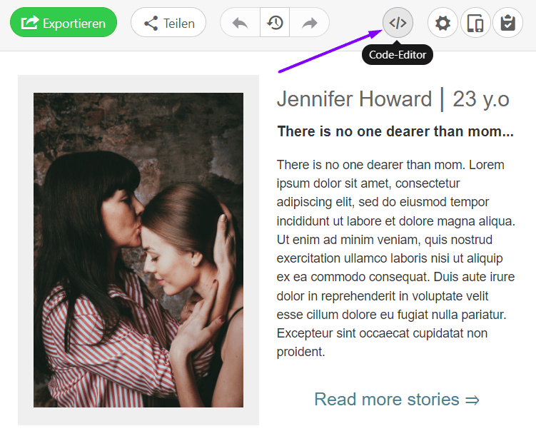 &Ouml;ffnen Sie den HTML-Code-Editor in Stripo