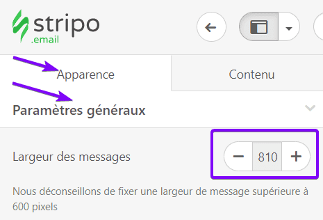 Largeur personnalis&eacute;e de l'e-mail de bienvenue