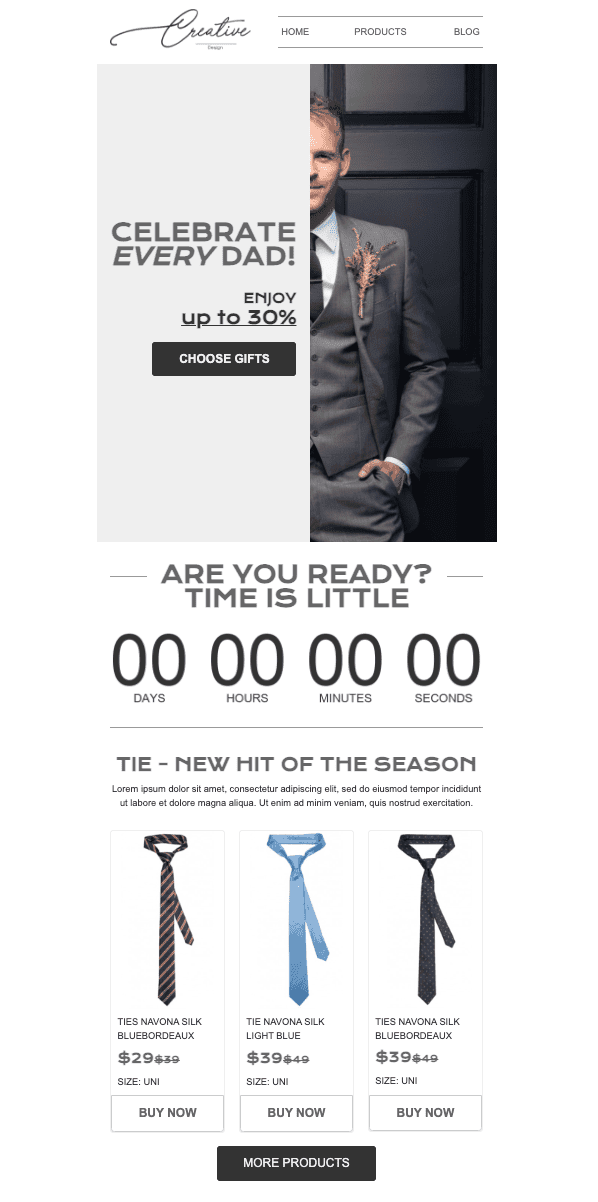 Email template with a timer to sell Father's Day gift offers for customers Email template with a timer to sell Father's Day gift offers for customers