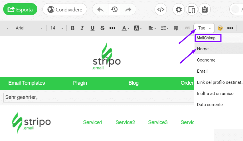 Aggiunta di tag di unione ai modelli di posta elettronica per le chiese