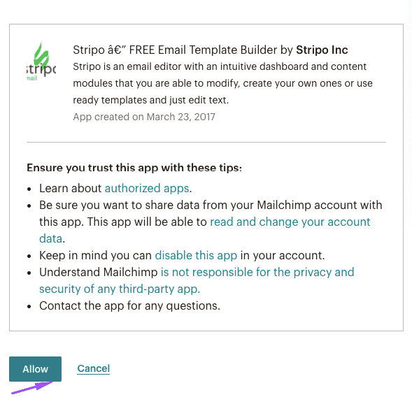 Кнопка «Разрешить» во всплывающем окне при экспорте писем в Mailchimp из Stripo Кнопка «Разрешить» во всплывающем окне при экспорте писем в Mailchimp из Stripo