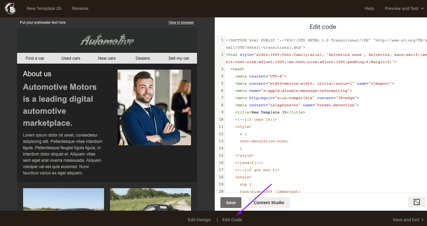 Нажатие кнопки редактирования кода, чтобы открыть редактор HTML Mailchimp Нажатие кнопки редактирования кода, чтобы открыть редактор HTML Mailchimp