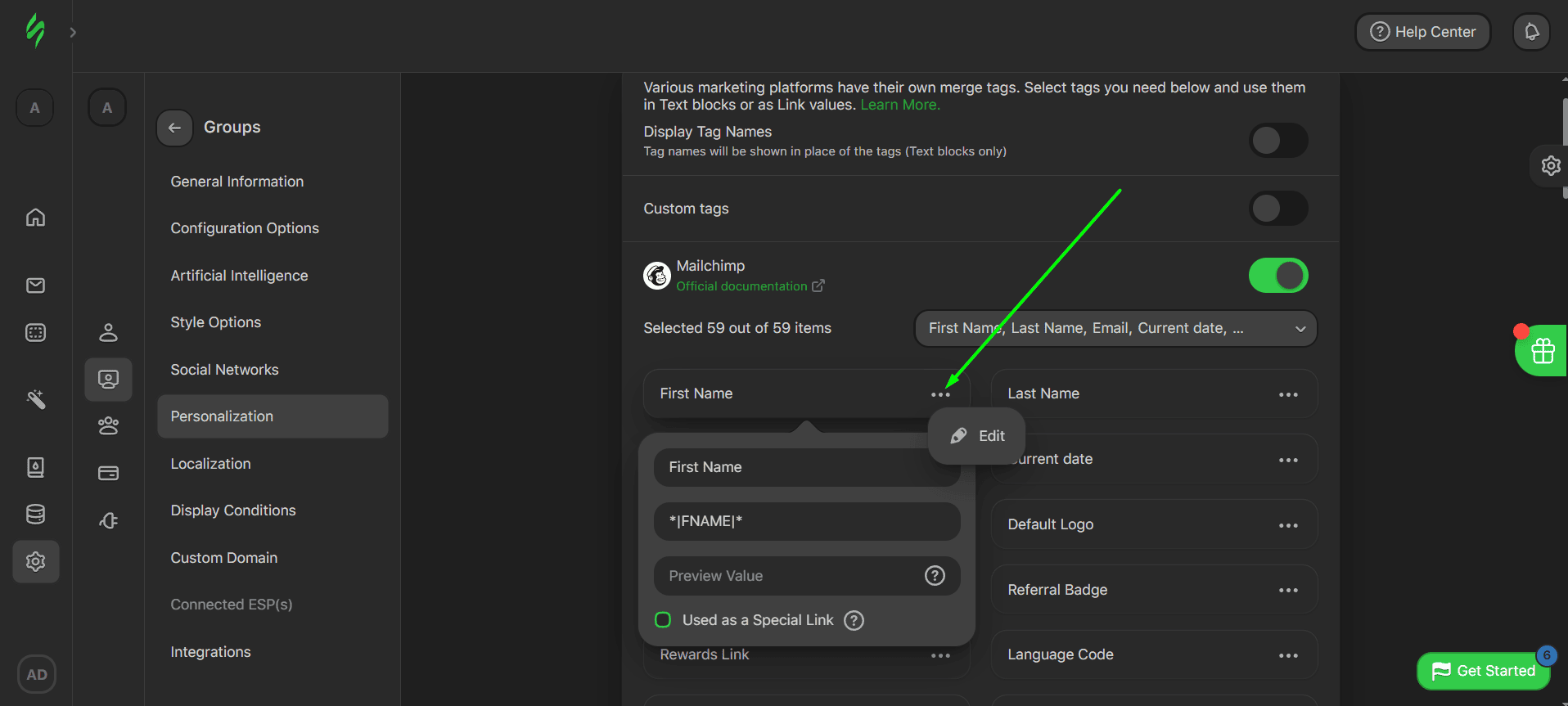 Editing merge tags Editing merge tags