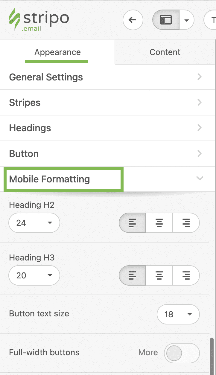 Option of Mobile formatting template in Stripo Option of Mobile formatting template in Stripo