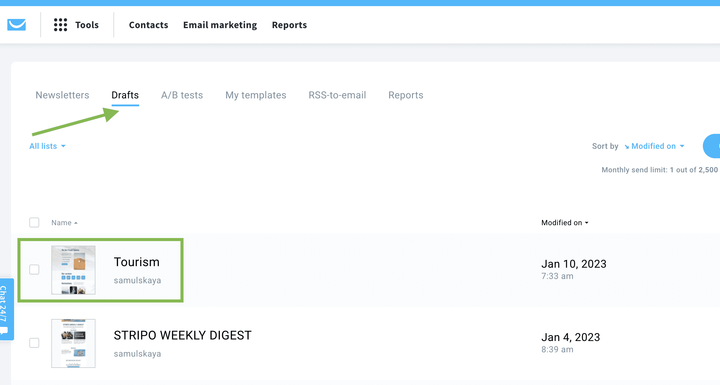 Draft folder in the GetResponse cabinet Draft folder in the GetResponse cabinet