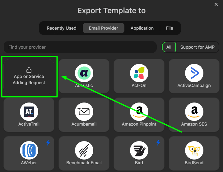 Export options request button