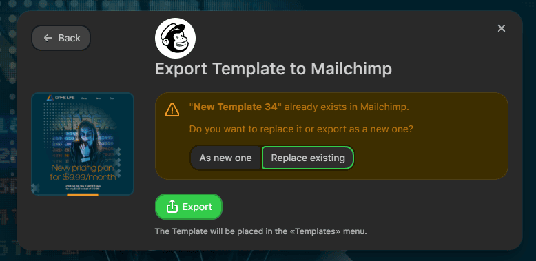 Exporting email as a new one or replacing the existing