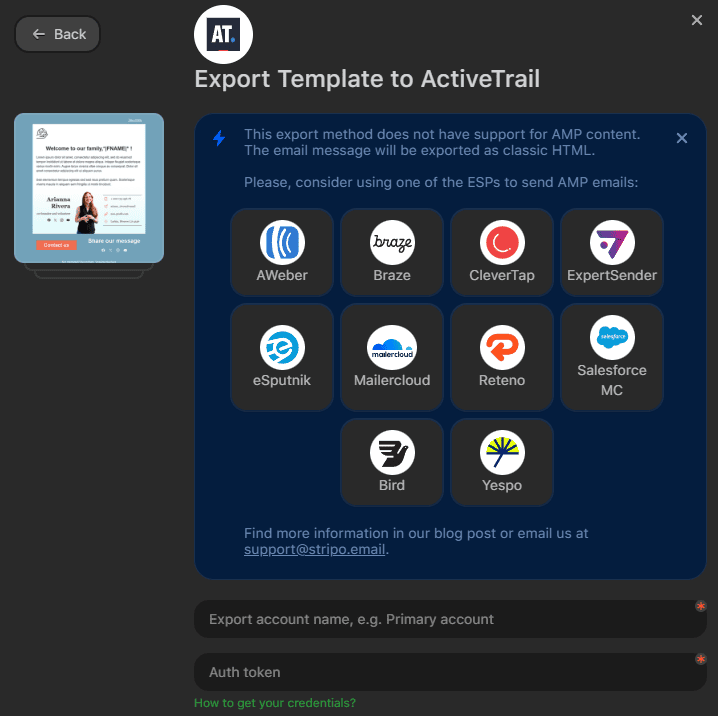 AMP email export warning