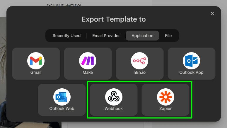 Export to Zapier and Webhook options
