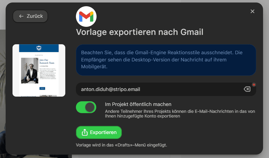 Exportieren zum E-Mail-Dienstanbieter Exportieren zum E-Mail-Dienstanbieter