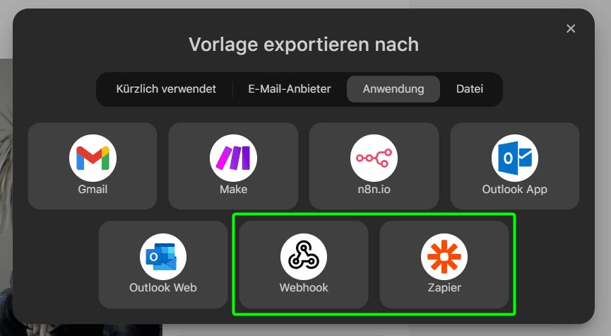 Export zu Zapier und Webhook-Optionen Export zu Zapier und Webhook-Optionen