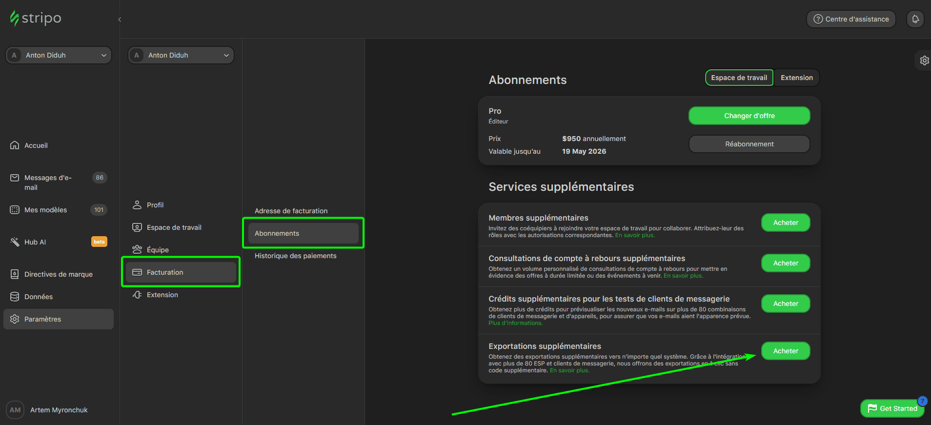 Achat d’export supplémentaires Achat d’export supplémentaires