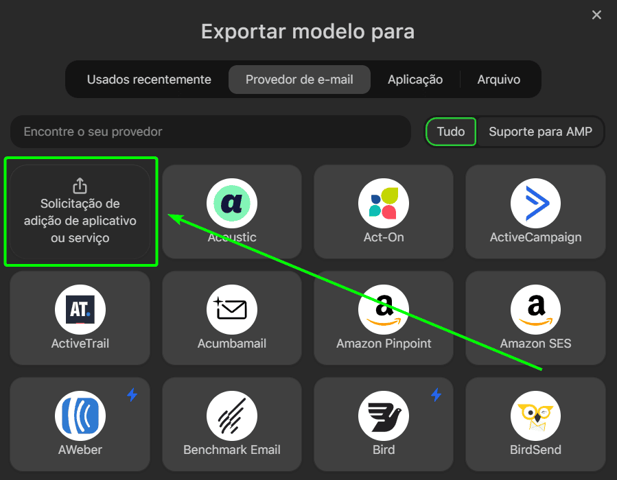Bot&atilde;o de solicita&ccedil;&atilde;o de op&ccedil;&otilde;es de exporta&ccedil;&atilde;o