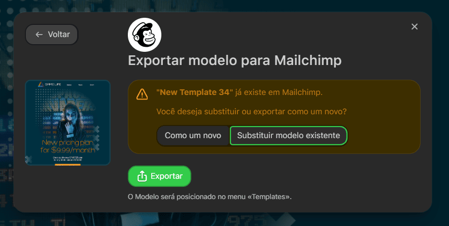 Exportar e-mail como novo ou substituir um existente