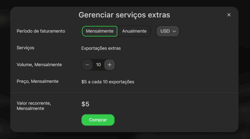 Tela de compra de exporta&ccedil;&otilde;es
