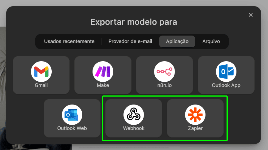 Op&ccedil;&otilde;es de exporta&ccedil;&atilde;o para Zapier e Webhook