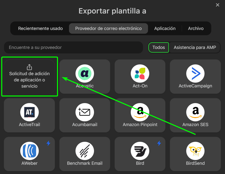 Botón de solicitud de opciones de exportación Botón de solicitud de opciones de exportación