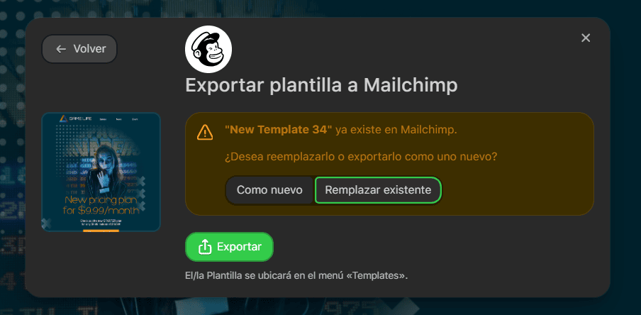 Exportar el correo electrónico como uno nuevo o reemplazar el existente Exportar el correo electrónico como uno nuevo o reemplazar el existente