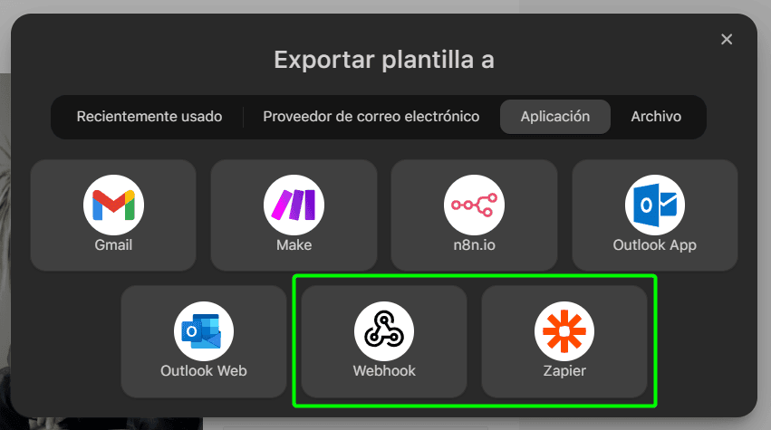 Opciones de exportación a Zapier y Webhook Opciones de exportación a Zapier y Webhook