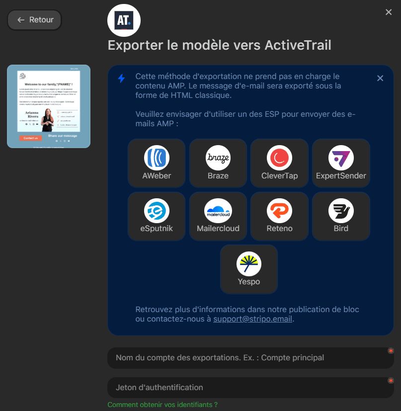 Avertissement d’export AMP pour les emails Avertissement d’export AMP pour les emails