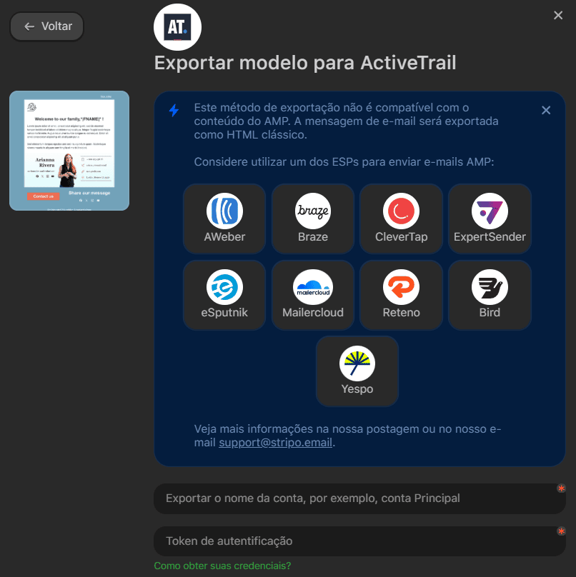 Alerta ao exportar e-mail AMP