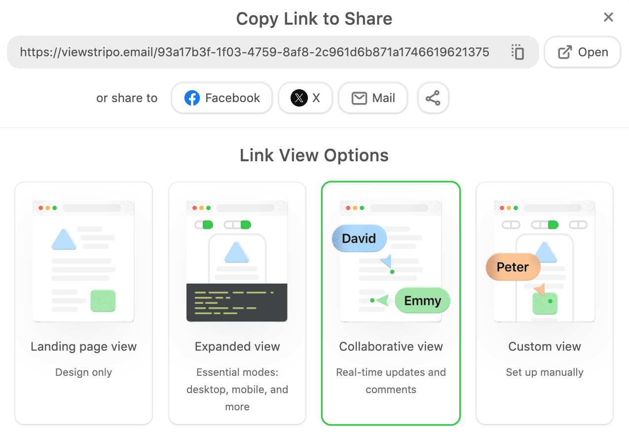 Sharing options let users view both desktop and mobile previews, see real-time layout updates, and leave comments directly on the email design