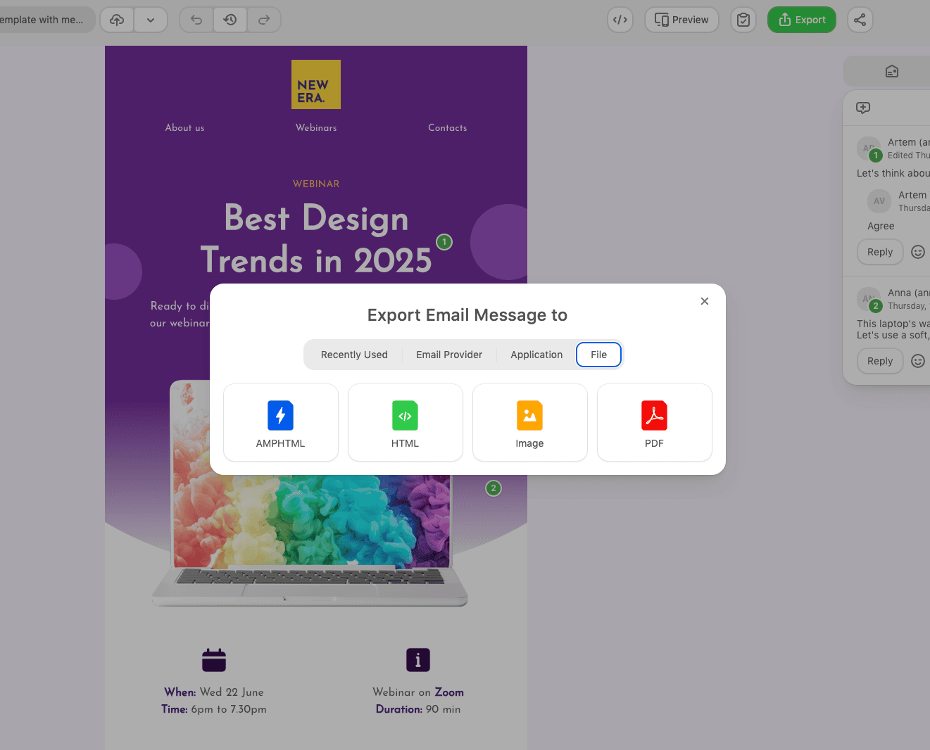 Exporting as a high-quality PDF or image is useful for offline layout reviews and archiving approved versions