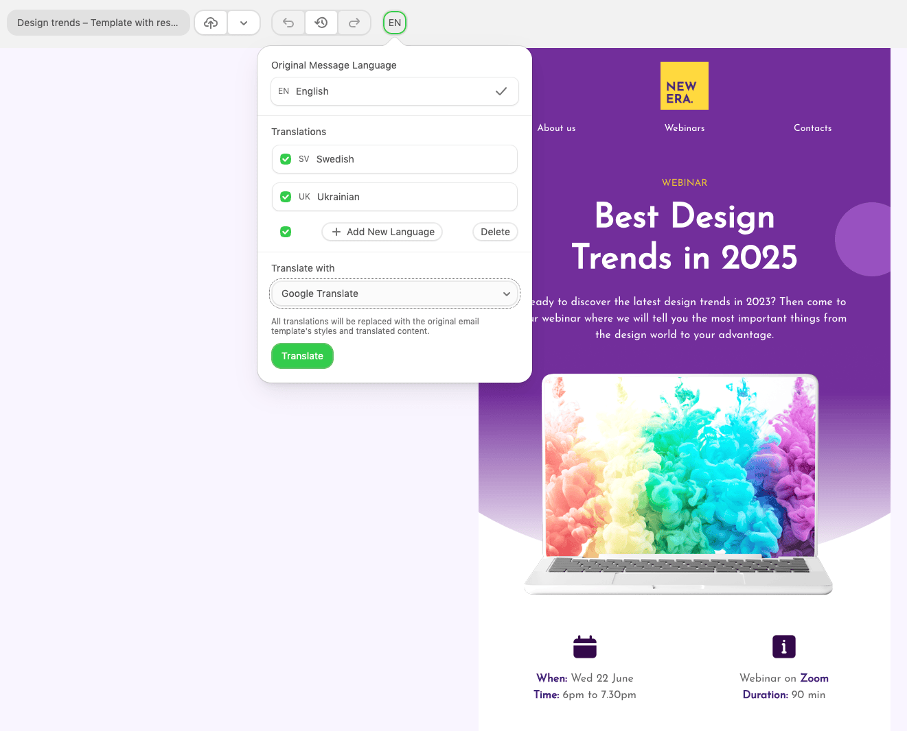 Stripo automatically translates your email content into over 100 languages