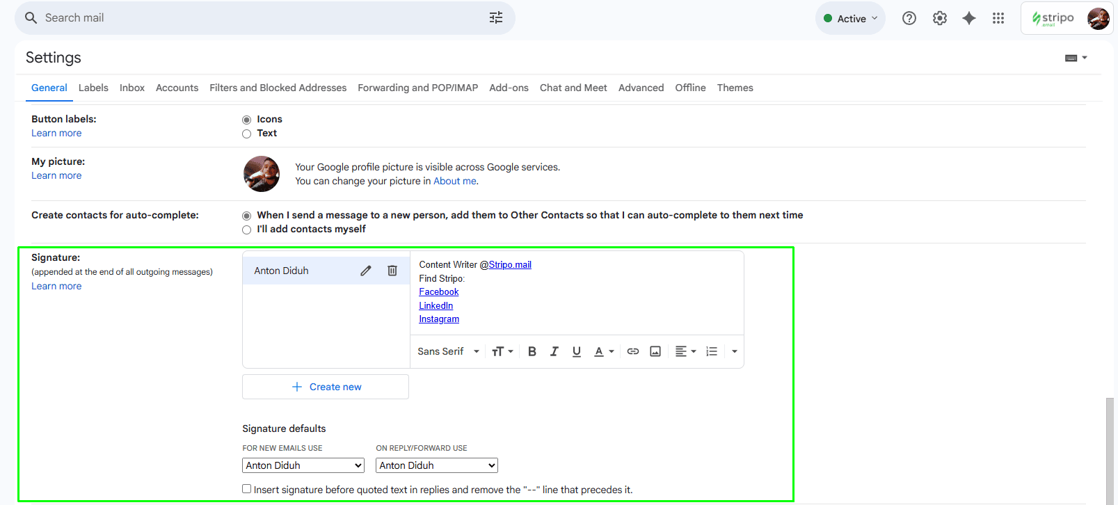 Signature settings section Signature settings section