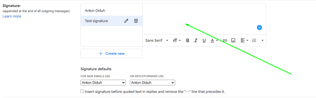 Pasting signature into Gmail settings Pasting signature into Gmail settings