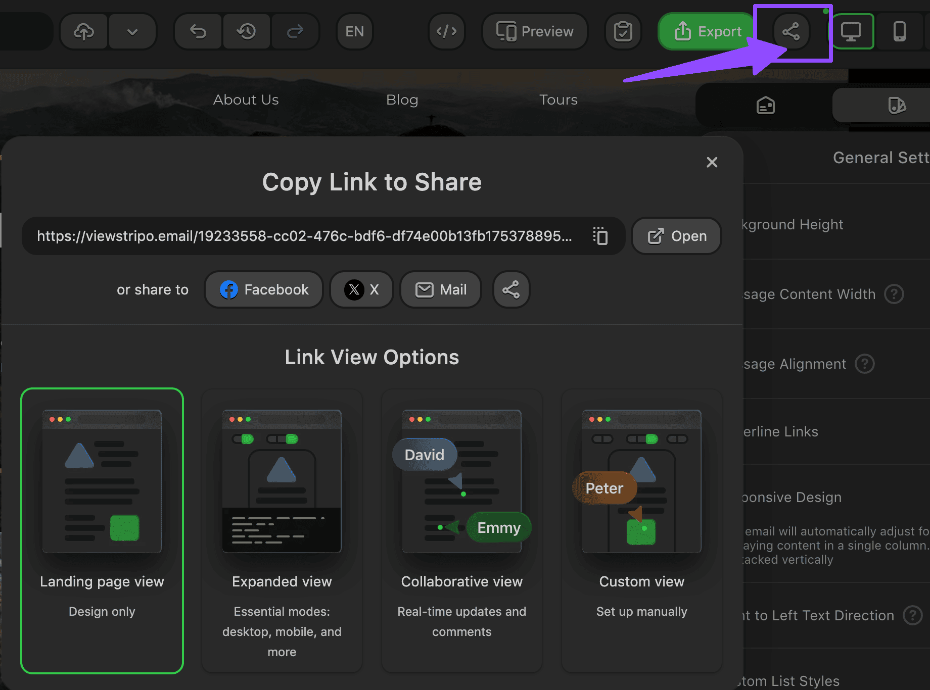 Getting a link to your landing page with Stripo