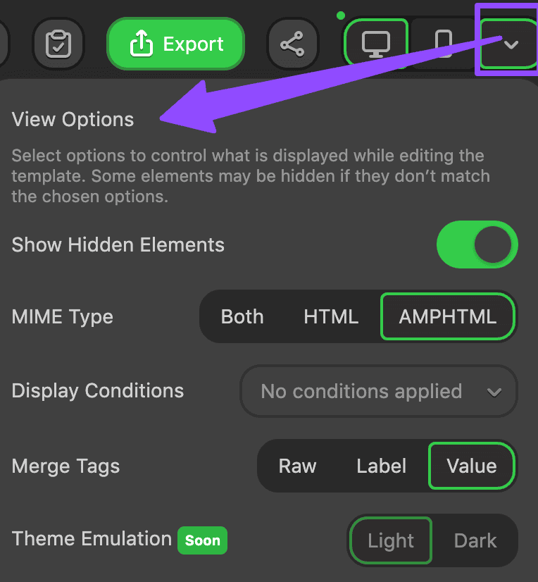 View Options for the editing mode