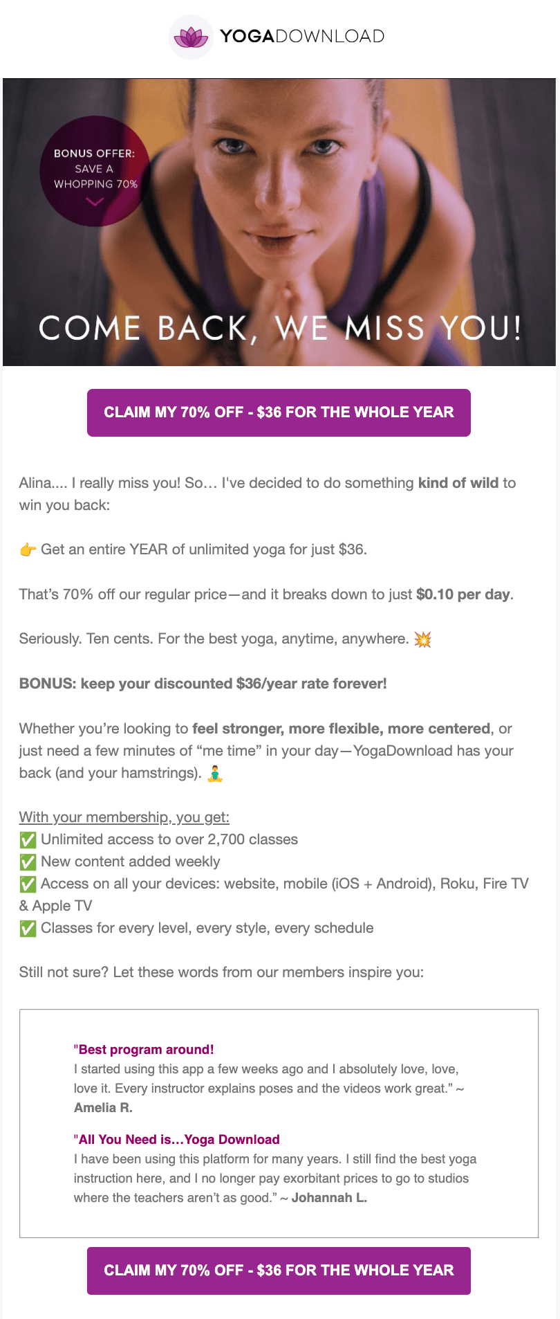 Beispiel für eine „Wir vermissen Sie“-E-Mail für das SaaS-Produkt Beispiel für eine „Wir vermissen Sie“-E-Mail für das SaaS-Produkt