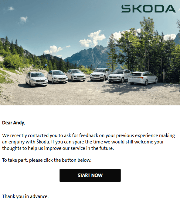 Feedback form email from Skoda