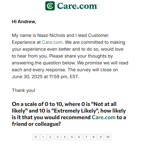 NPS email from Care.com