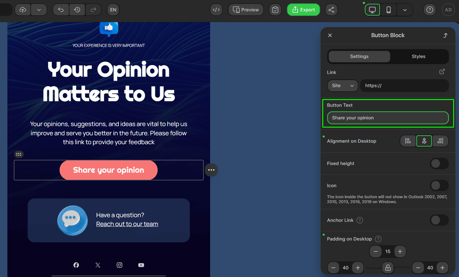 Editing button block text