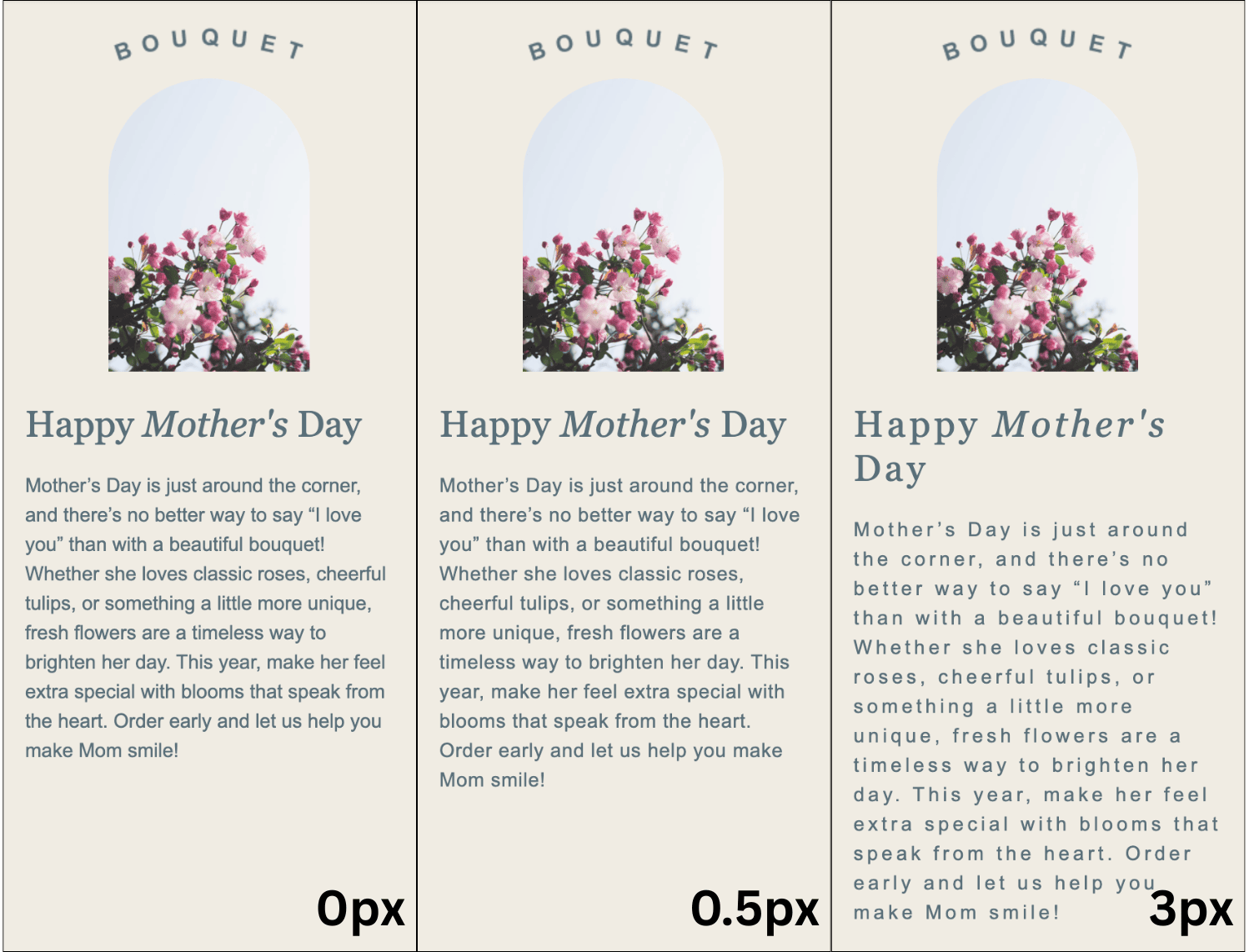 Example of different letter spacing applied to the heading and paragraph text in an email template