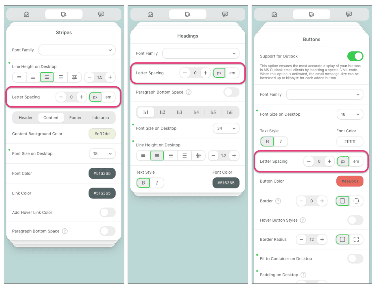 Setting letter spacing in Stripo&rsquo;s drag-and-drop editor