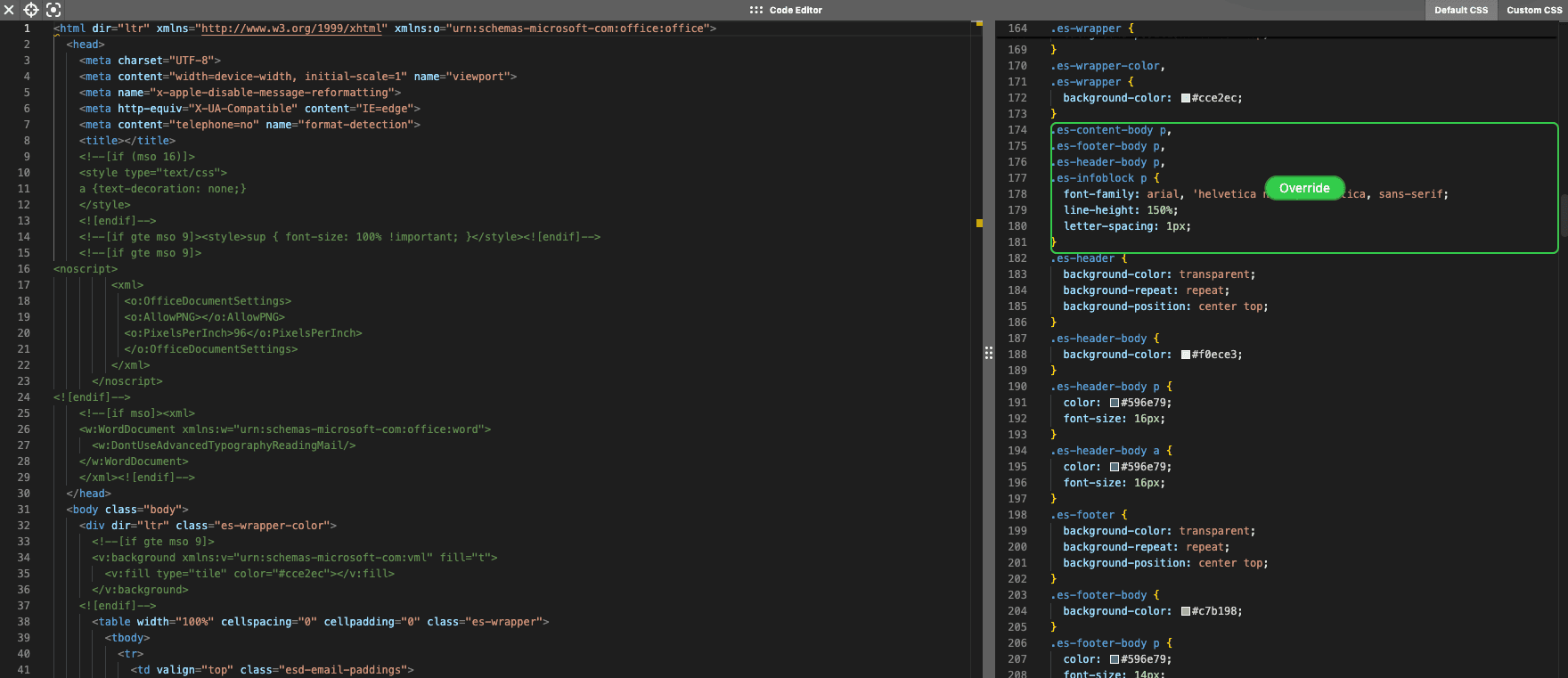 Adjusting the letter-spacing property by overriding styles in Stripo&rsquo;s Code Editor