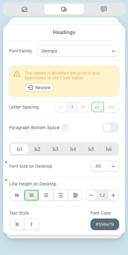The option to change letter spacing in General Styles is disabled because the styles in the Code Editor have been overridden