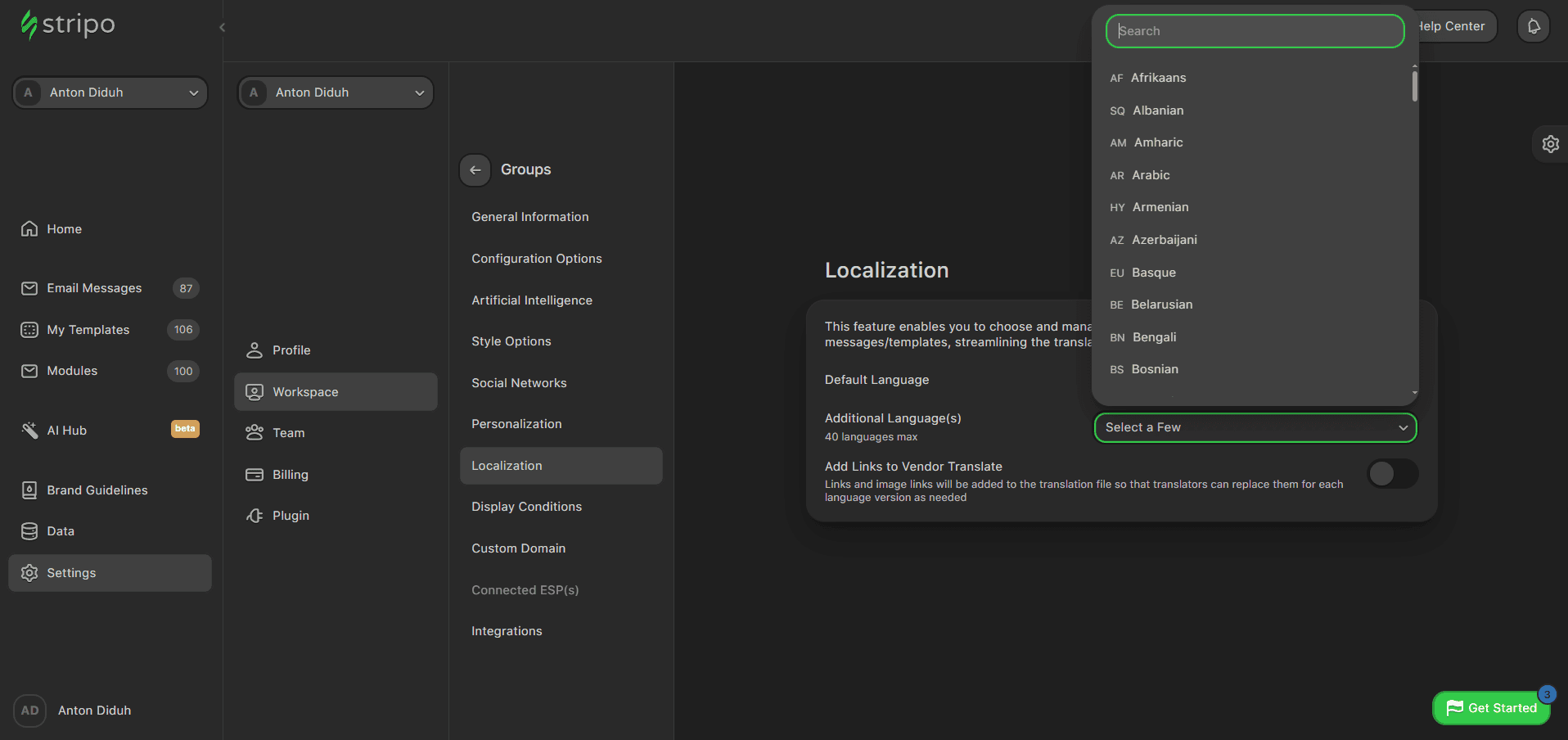 Choosing translation languages