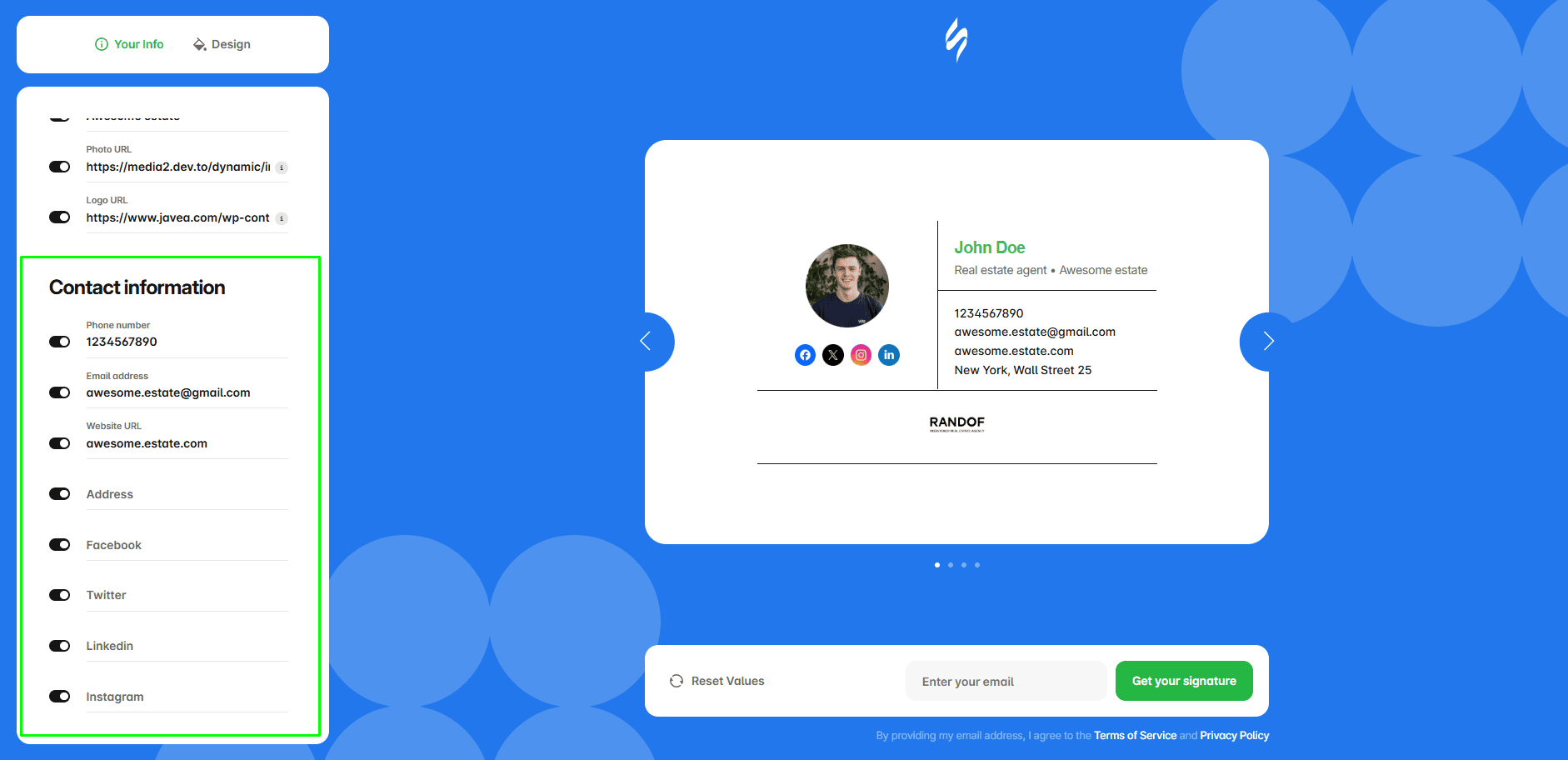 Input fields for contact information Input fields for contact information